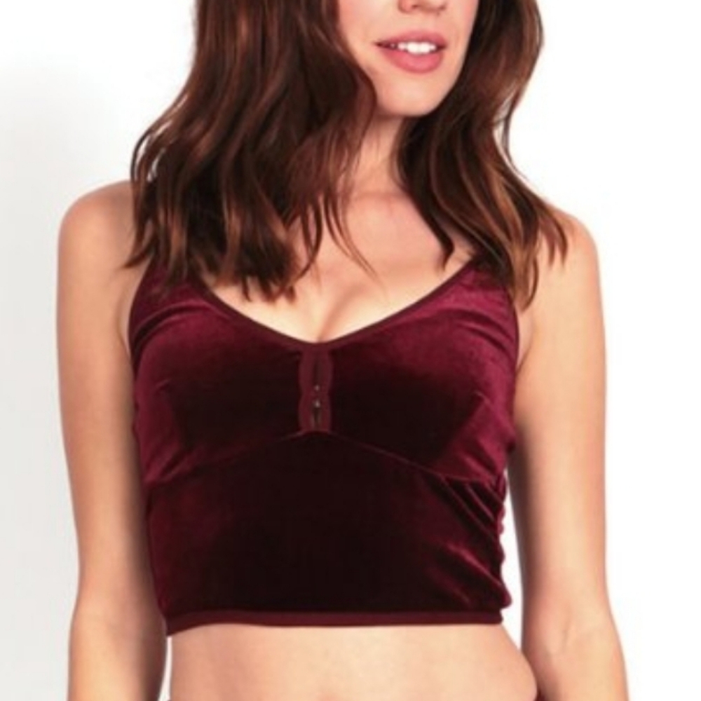 CAMEO Velvet Plum Wine Crop Top Camisole Bralette Adjustable Straps Sz L NWT